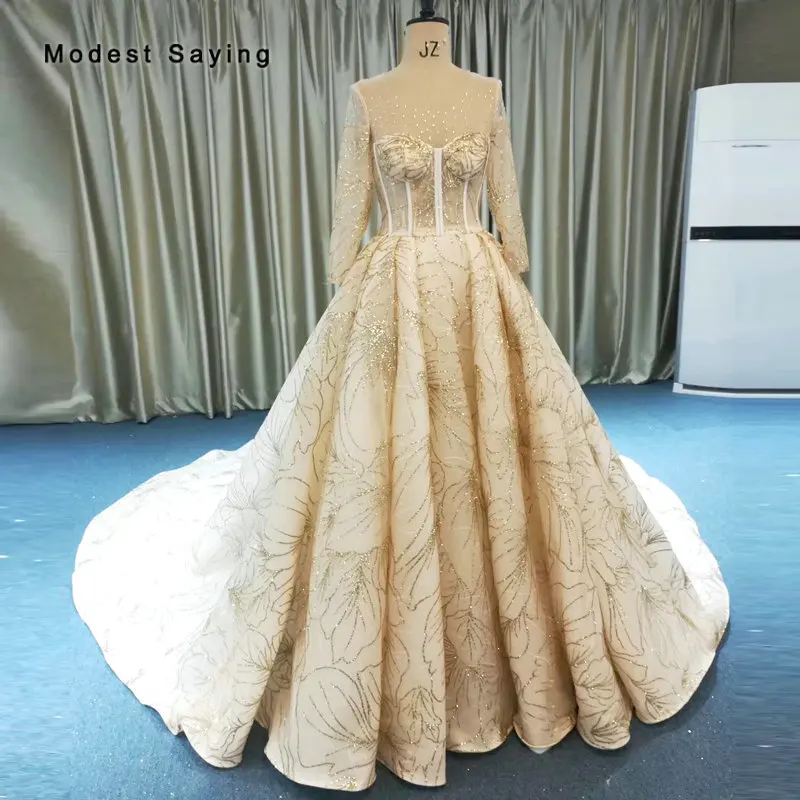 

Luxury Champagne Ball Gown Gold Sparkle Wedding Dresses 2019 with Cathedral Train Long Sleeves Illusion Neckline Bridal Gowns