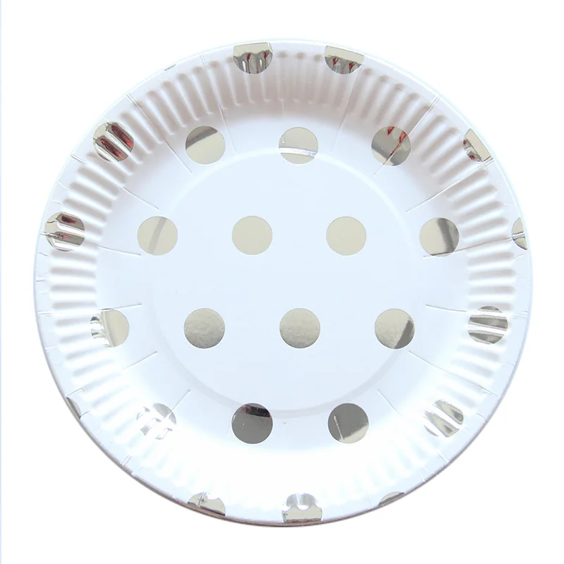 silver dot plate Высококачественные одноразовые столовые приборы золотого и серебряного цвета в горошек бумажные салфетки под чашки для свадьбы, дня рождения, вечерние принадлежности, посуда для детского душа - Цвет: silver dot plate