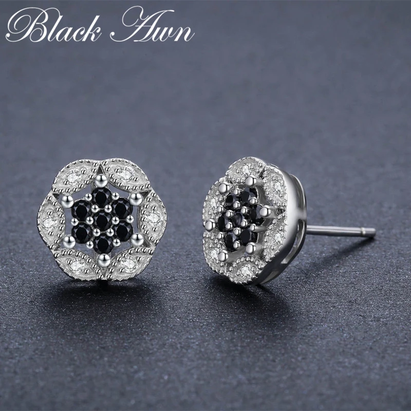 Серьги гвоздики женские из серебра 100% пробы с черной шпинелью|stud earrings|earrings forearrings