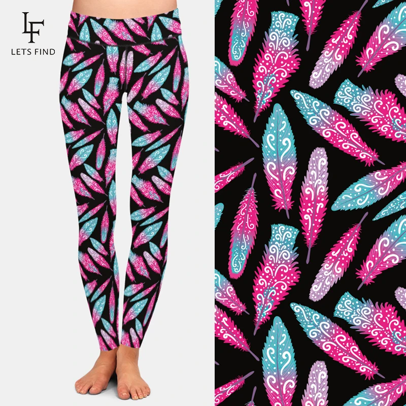 LETSFIND High Quality Women Leggings Feather Printing Fashion Casual High Waist Comfortable Woman Black Leggings