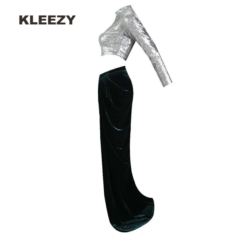 KLEEZY/вечерние платья знаменитостей из двух частей расшитые блестками Изумрудное
