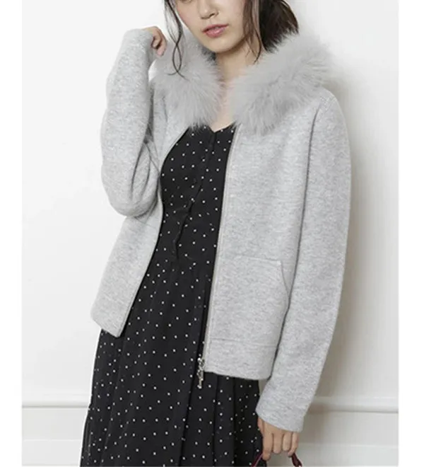 grey classic real fox fur hooded collar women fashion zip-up sweatshirts coat wool rabbit hair blend knitted one size - Цвет: grey