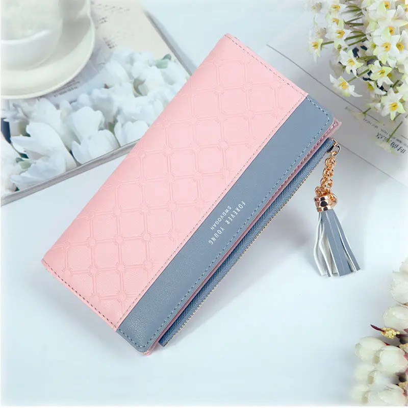 Pink 2 Женский кошелек длинный кошелек на молнии Держатель для карт телефона чехол клатч кисточкой длинный милый кошелек на молнии Portefeuille Cartera Mujer - Цвет: Pink 2