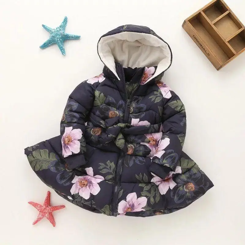 Winter 2018 coat Kid Baby Girl Floral Print Hooded Jacket Girls Kids Padded Long Sleeve Bow Casual Children's Outerwear | Детская