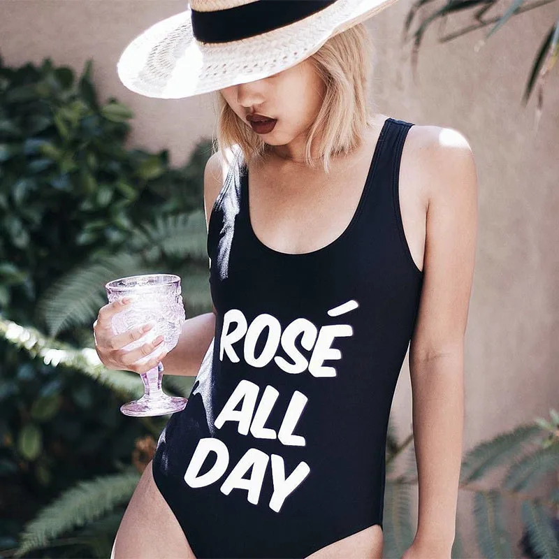 Женский слитный купальник с надписью ROSE черный купальный костюм высоким вырезом