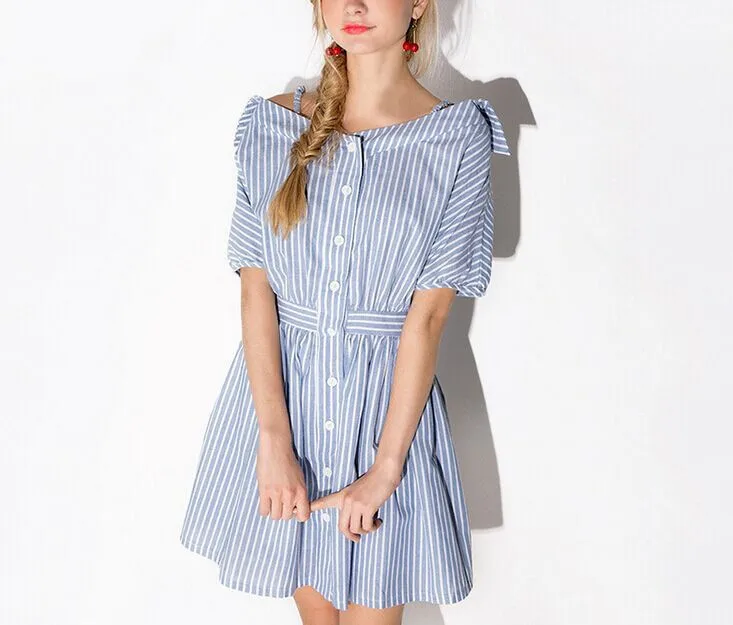 Новинка 2015! Брендовое женское платье в синюю/белую полоску. Короткое с коротким