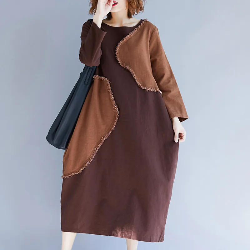 Large size Women Dress 2019 Spring New Fashion long sleeve Tops Summer Loose splice Art Fat MM Cotton linen Dresses TTT058 | Женская