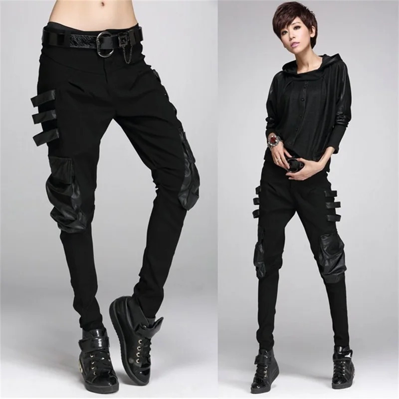 

female personality was casual Cross-pants spring new Women Black Jeans Trousers punk cargo pants collage pockets harem pants