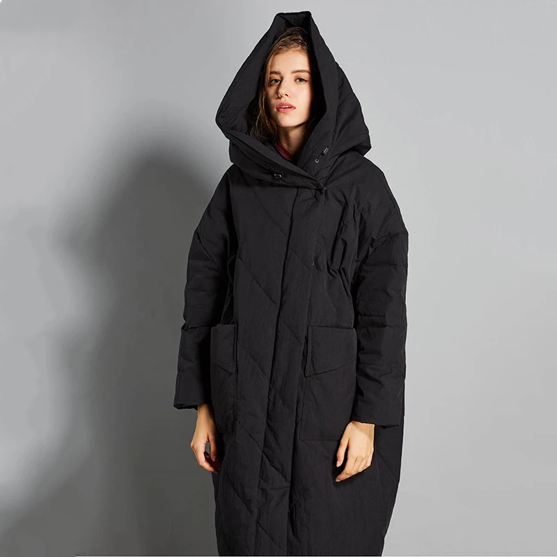 

Winter Women Long Thick Down Coats Female Solid Cotton Linen Hooded Jackets Big Pockets Loose Coats White Duck Down Outerwear