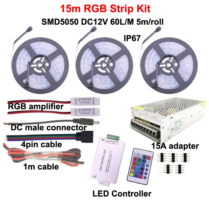 15m RGB Strip Kit Наружная Светодиодная лента 5050 RGB лампа IP67 водонепроницаемый DC 12 В 60 Светодиодный s/m лента 5 м 10 м 15 м 20 м комплект с пультом дистанционного управления - Испускаемый цвет: 15m RGB Strip Kit