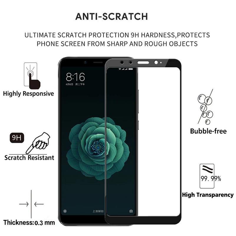 Защита для экрана закаленное стекло полное покрытие Xiaomi Mi 6X A2 5X A1 9H от царапин