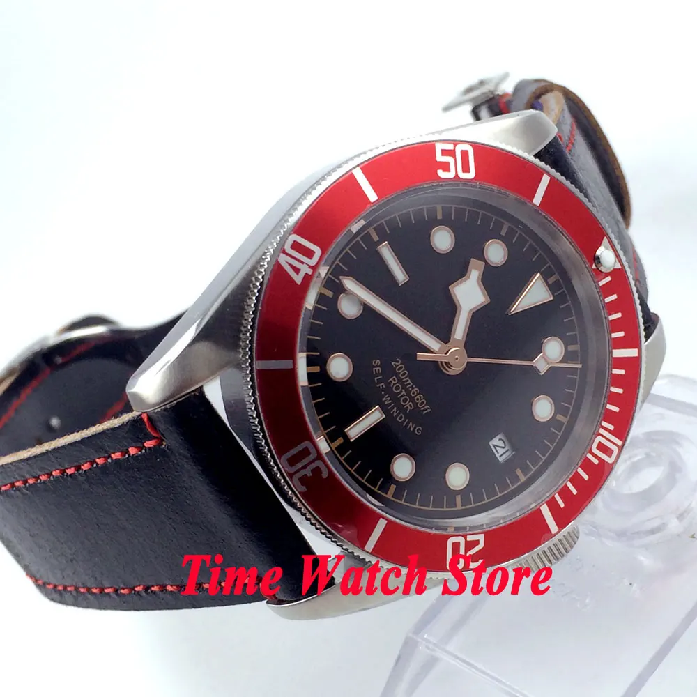 Часы мужские черные стерильные 41 мм с красной вставкой и сапфировым стеклом|watch