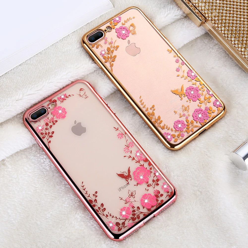 Мягкий силиконовый чехол из ТПУ с цветочным узором для iPhone 6 6s 7 8 Plus X Xs блестящие
