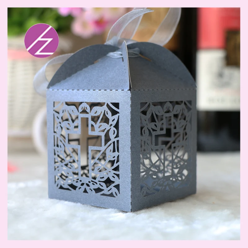 100 шт./лот перламутровая бумага лазерная резка крест Распятие свадебные конфеты