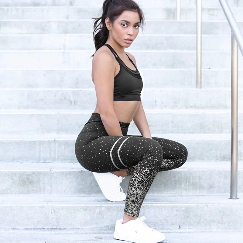 New Women Gold Print Leggings No Transparent Exercise Fitness Leggings Push Up Workout Female Pants
