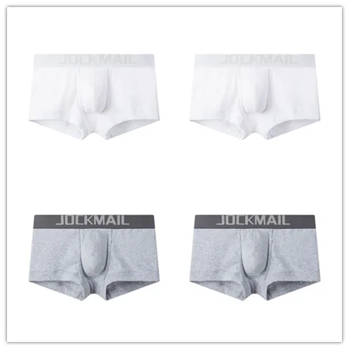 JOCKMAIL, 4 шт./партия, мужское нижнее белье, боксеры, штаны, хлопок, низкая талия, сексуальные, комфортные, U выпуклые, одноцветные, молодежные, дышащие, мужские боксеры, шорты - Цвет: 2 white 2 gray