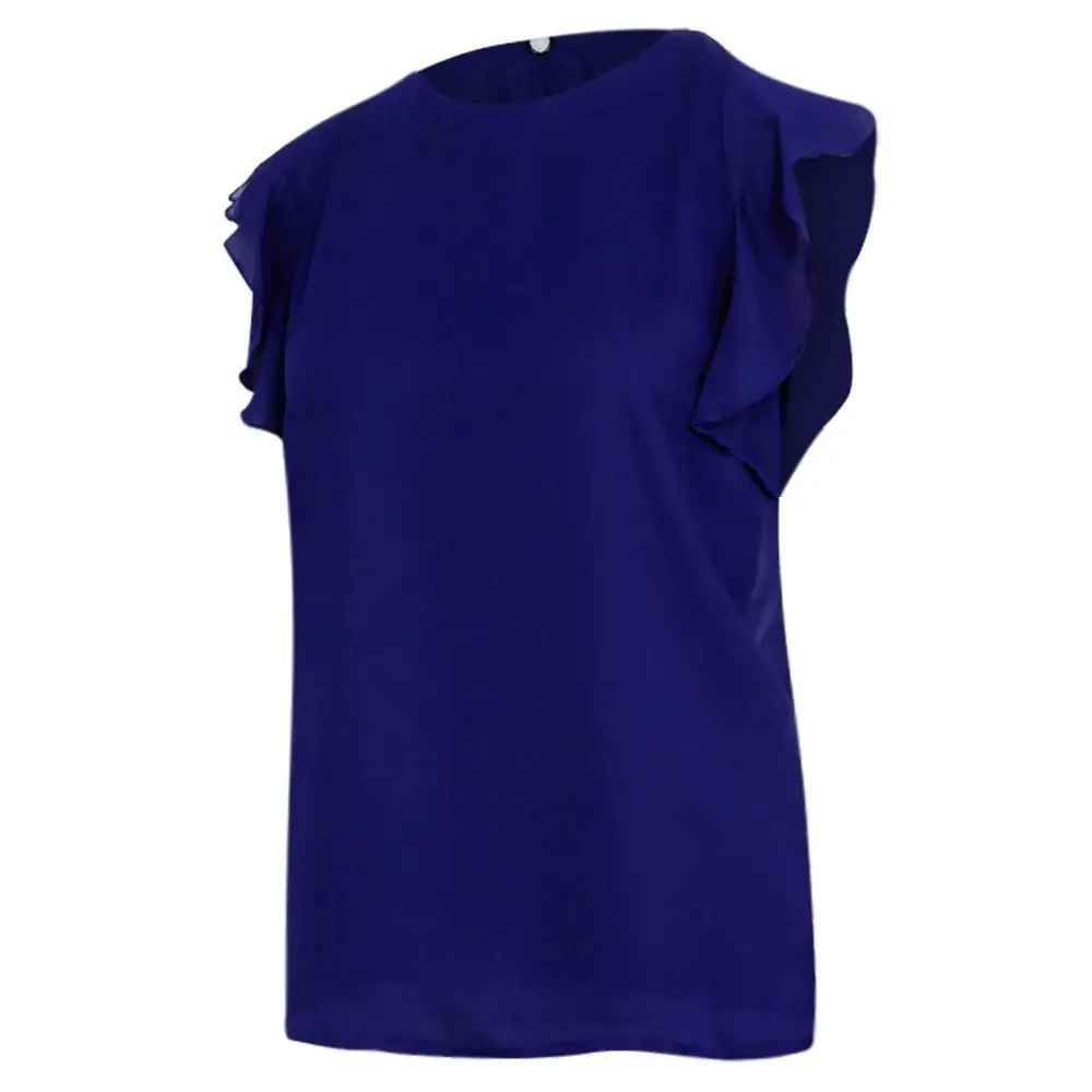 Женские летние модные шифоновые топы с оборками и круглым вырезом без рукавов