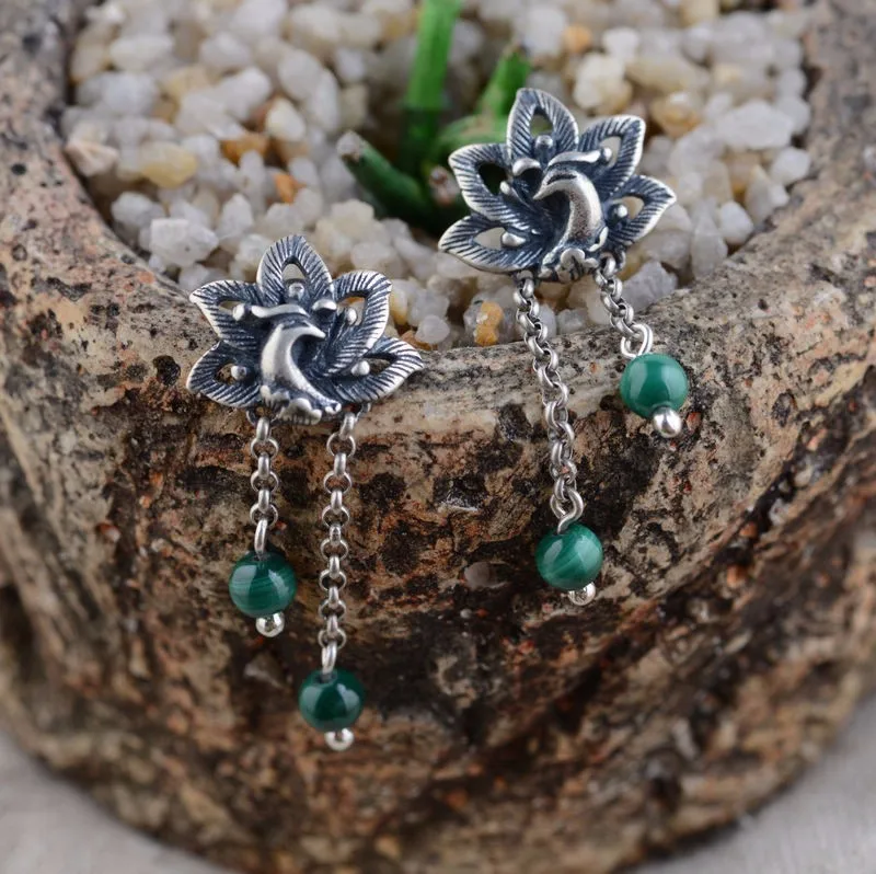 KJJEAXCMY fine jewelry 925 pure silver inlaid Malachite earrings wholesale Thailand women's | Украшения и аксессуары