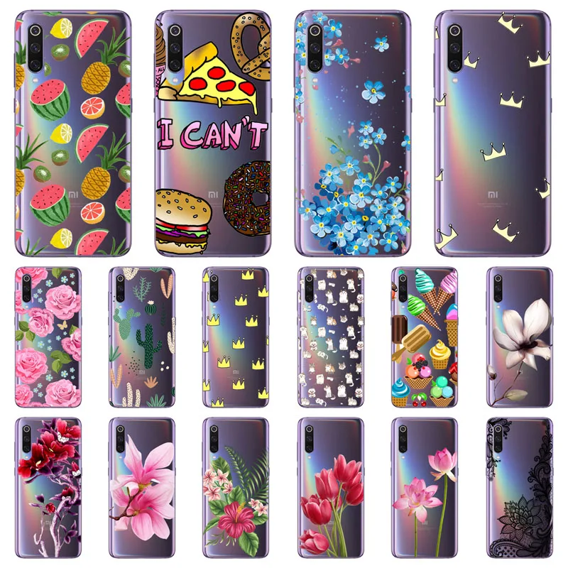Xiaomi Mi 9 Case Silicon Black Painting Flower Soft TPU Back Cover for SE Protect Phone Cases Shell |