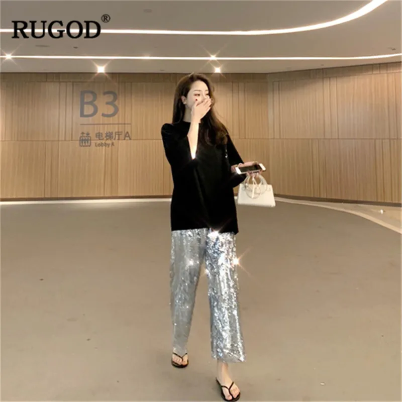 Женские брюки с блестками RUGOD свободные эластичной резинкой на талии в стиле