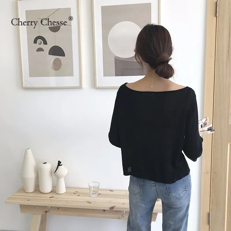 Cherry Chesse Для женщин осень вязаный свитер с длинными рукавами топы круглым вырезом