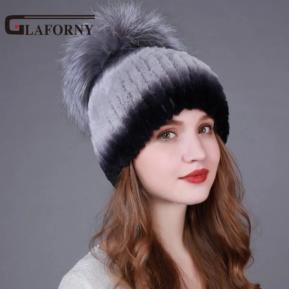 Женские вязаные шапки из меха кролика рекс Glaforny теплые меховые серебристой лисы