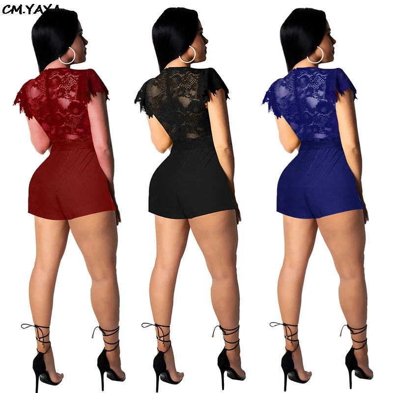 2019 new women lace embroidery see though patchwork with sashes short sleeve v-neck party jumpsuit vintage romper playsuit 6217 | Женская