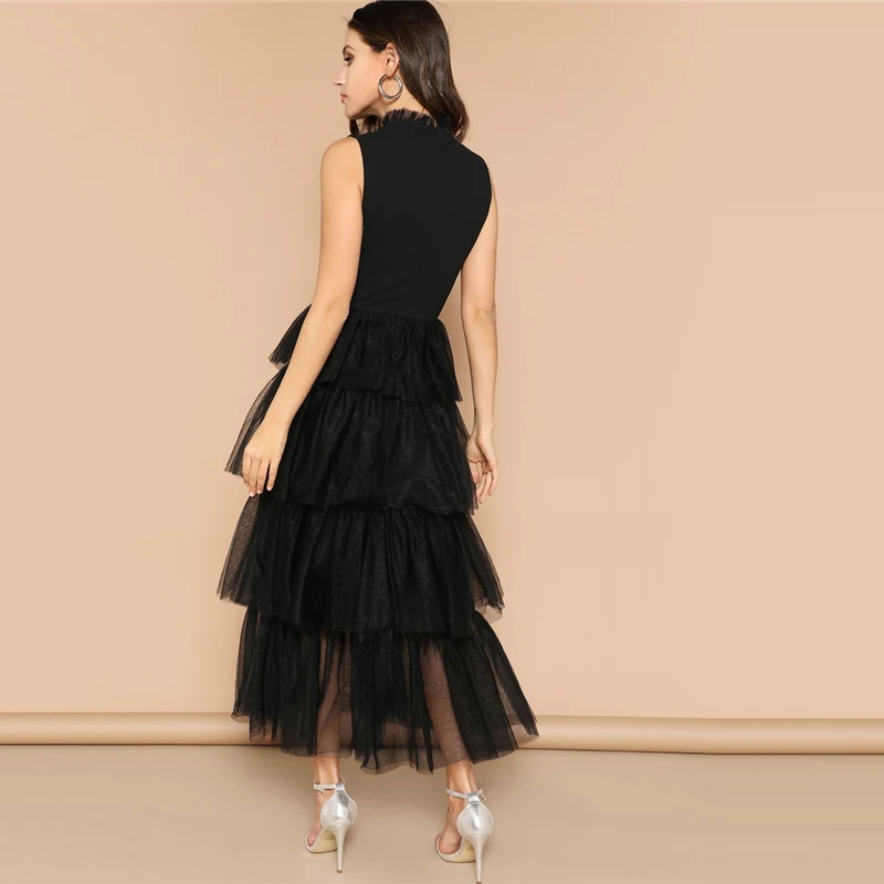 SHEIN Гламурное черное комбинированное многослойное контрастное Сетчатое длинное платье с рюшами элегантное платье с воротником-стойкой без рукавов весенние платья