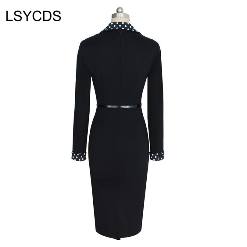 Женское офисное платье в горошек элегантное облегающее черное карандаш с