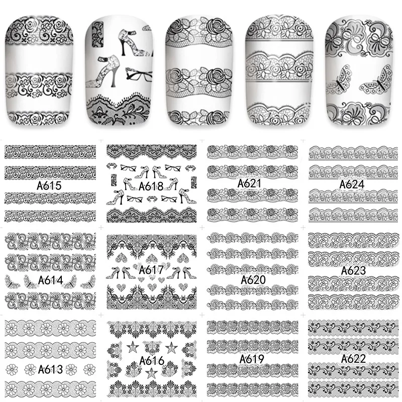 12 листов Черное кружево дизайн ногтей полное покрытие переводная картинка
