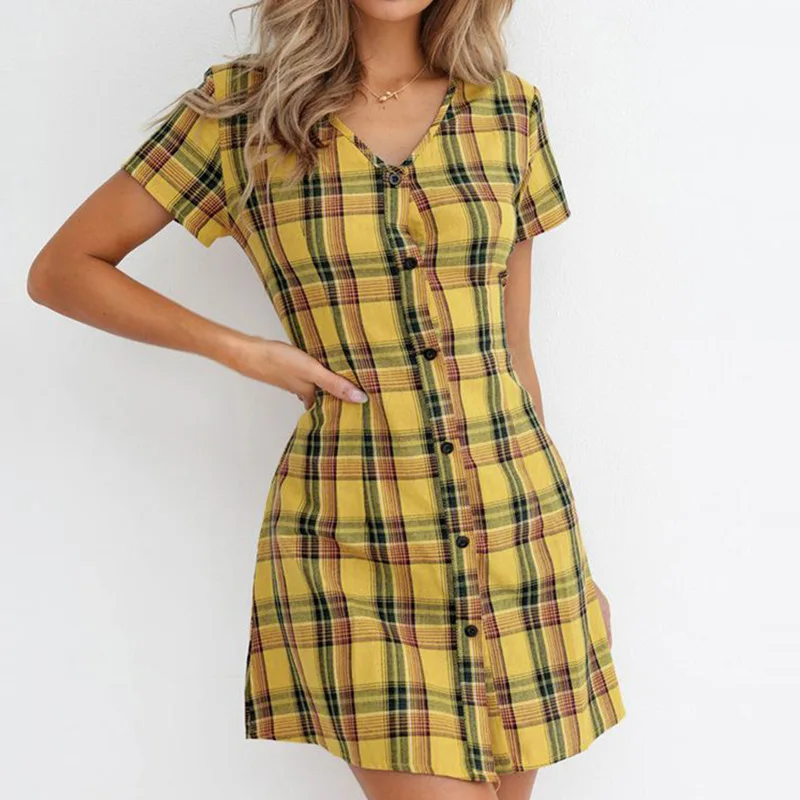 Летнее платье женская одежда 2019 Мода пояса плед короткий рукав o образным вырезом