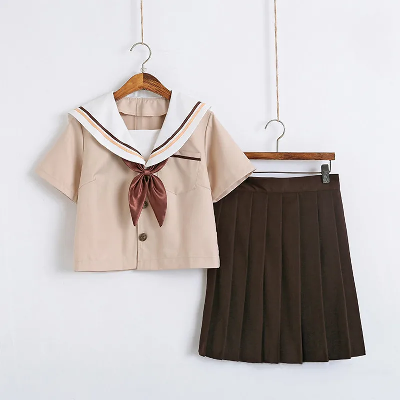 Short Sleeve Set Новое поступление, школьная форма в морском стиле, JK, школьная форма s для девочек, рубашка цвета хаки и коричневая юбка, костюмы для студентов, косплей S-2XL - Цвет: Short Sleeve Set