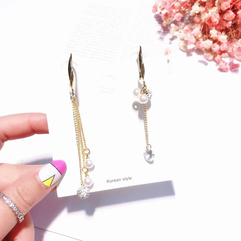 2019 New Fashion Women Asymmetric Cirle Zircon Drop Earrings Long Chain Tassel Simulated Pearl Beads Korean Pendientes Jewelry | Украшения