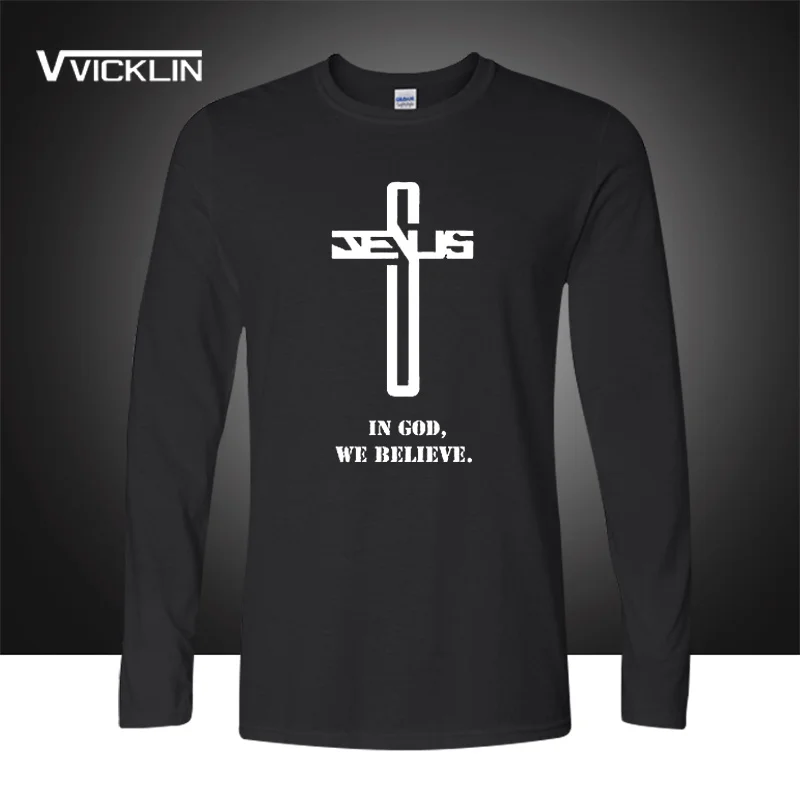 In God We believe printed t shirt long sleeve Christian Cross belief jersey tee cotton joggers blessed t-shits plus size | Мужская