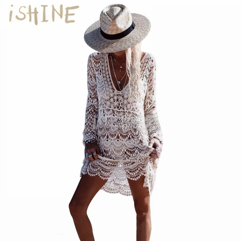 ISHINE Женская пляжная блузка накидка открытая трикотажная рубашка летняя вязанная
