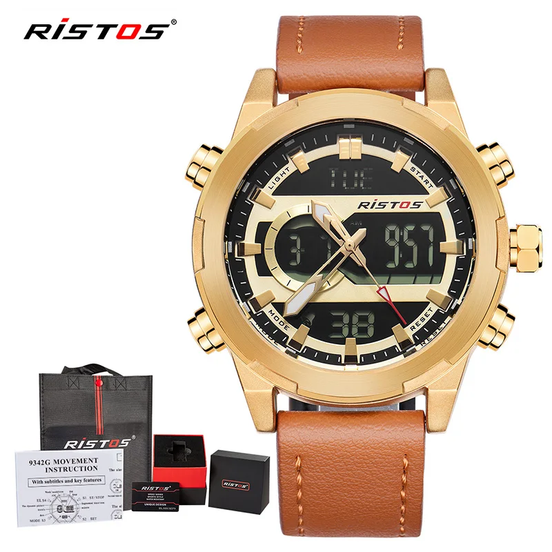 Coffee Gold RISTOS кожаные часы Топ бренд Relojes Masculino Hombre многофункциональный хронограф мужские спортивные аналоговые цифровые модные часы 9342 - Цвет: Coffee Gold