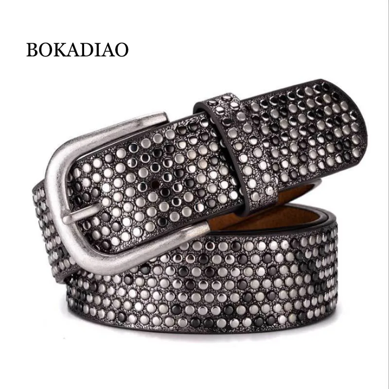 BOKADIAO women belt punk Pin buckle Vintage geometry Rivets luxury lady's original leather belts for woman waistband female belt