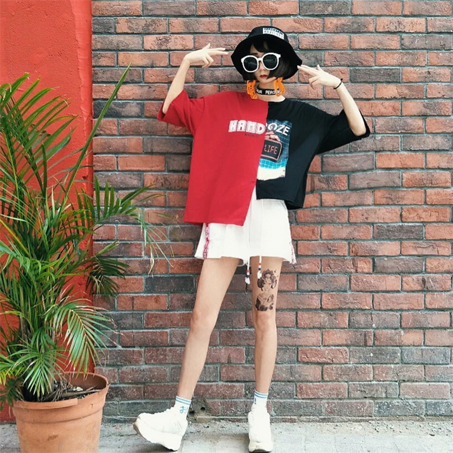 

AULEAD Harajuku Cotton T Shirt Women Summer Top t-Shirt Streetwear Hip Hop Patchwork Tshirt Korean Plus Size Women Clothing