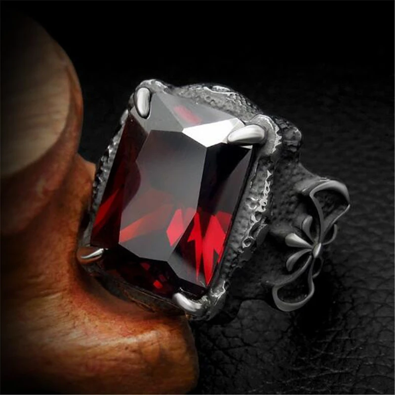New Punk Style Red Glass Ring Men's Vintage Jewelry High Quality Big Square Stones Finger Rings For Man Titanium Steel | Украшения и