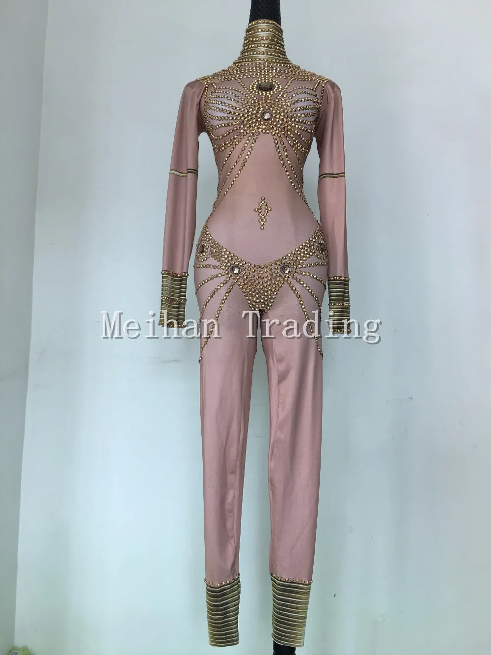 Модный сценический костюм женский комбинезон с золотыми камнями одежда для