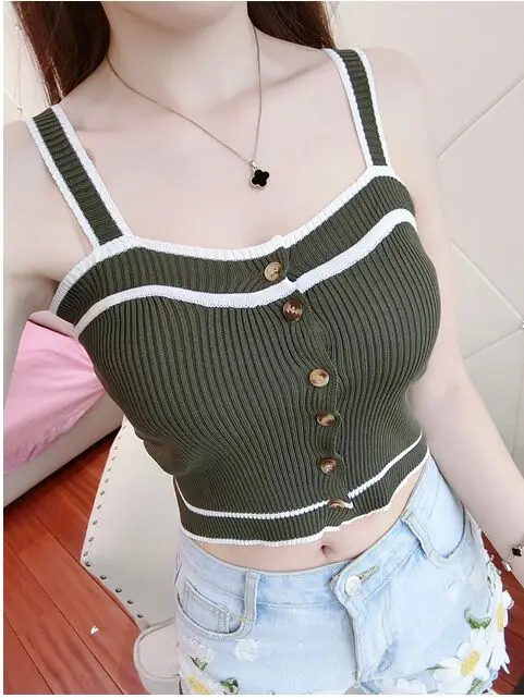 279 navy green Летняя женская мода, облегающие трикотажные майки на шнуровке, укороченные топы для девушек трикотажная кофточка, однотонные футболки без рукавов, укороченные топы - Цвет: 279 navy green
