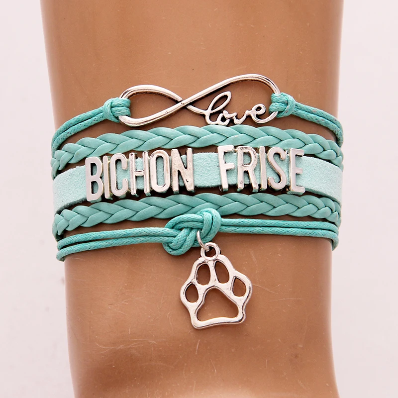(10 шт./лот) браслет Infinity love Bichon Frise и Браслеты Pet Подвеска собачья лапа кожаная