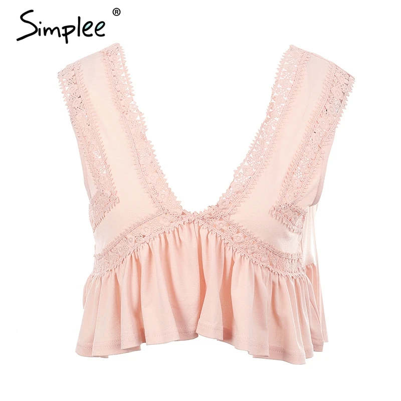 lotus pink Женская желтая короткая рубашка Simplee с рюшами, привлекательная шифоновая камисоль с v-образным вырезом и открытой спиной, повседневный уличный кружевной укороченный топ для лета - Цвет: lotus pink