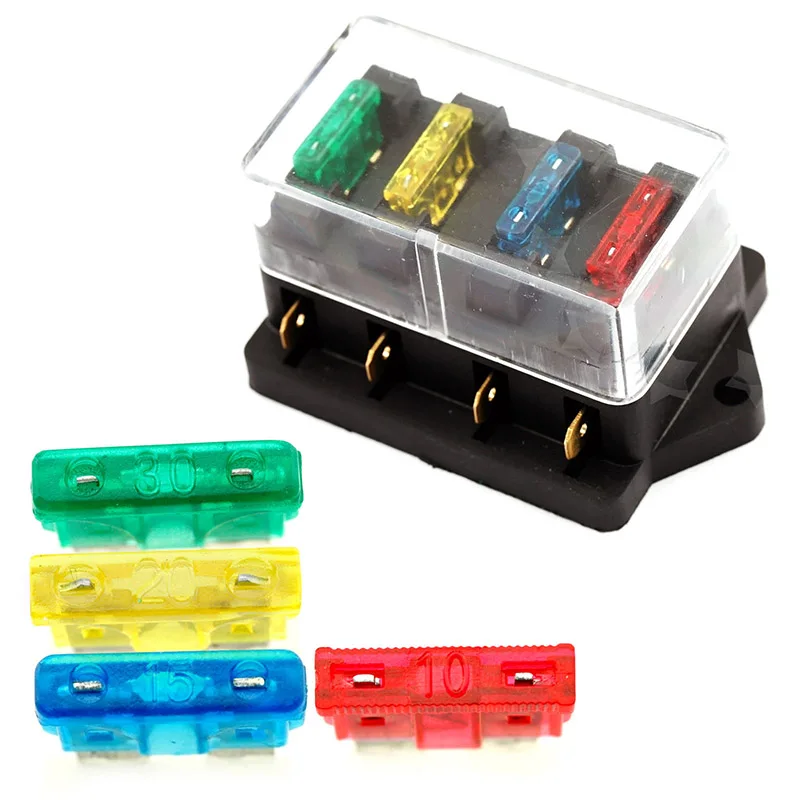 

4pcs + 4 Way Fuse Box Car Truck Auto Blade Fuse Box Holder Circuit Standard ATO Fuse Circuit Standard ATO Car Truck Blade 12V