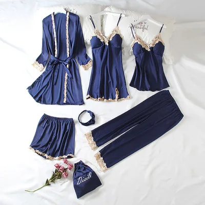 Daeyard женские Модные 7 штук пижамы наборы шелк Embroideryed пижамы Для женщин пикантные кружевные пижамы наборы Весна Летняя домашняя одежда