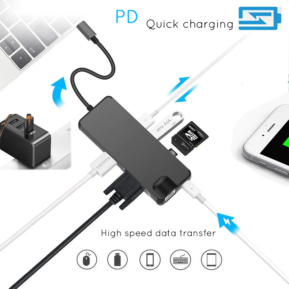 8 в 1 type C-2USB SD Micro SD LAN VGA HDMI USBC адаптер концентратор Расширение PD зарядная док-станция 1000 Мбит/с Rj45 OTG дисплей для Macbook PC