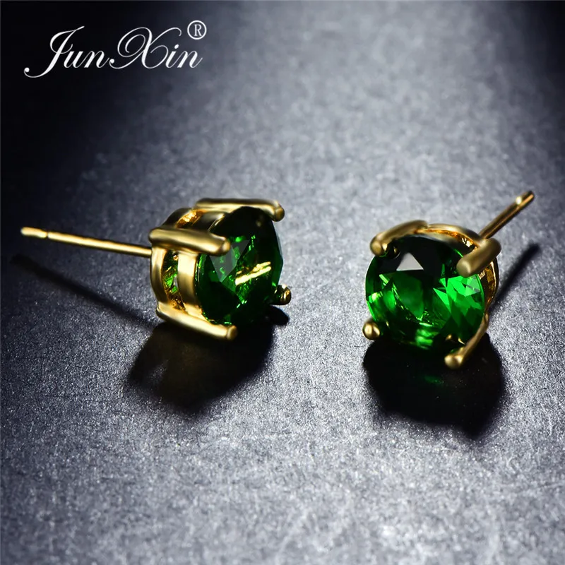 JUNXIN Mystic Multicolor Zircon Round Stud Earrings For Women Yellow Gold Filled Purple Green Blue Stone Wedding Female | Украшения и