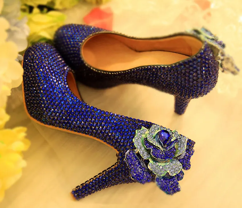 

Size 40 41 Banquet Dress Handmade Bridal Shoes Flower Crystal High Heels Blue Wedding Shoes