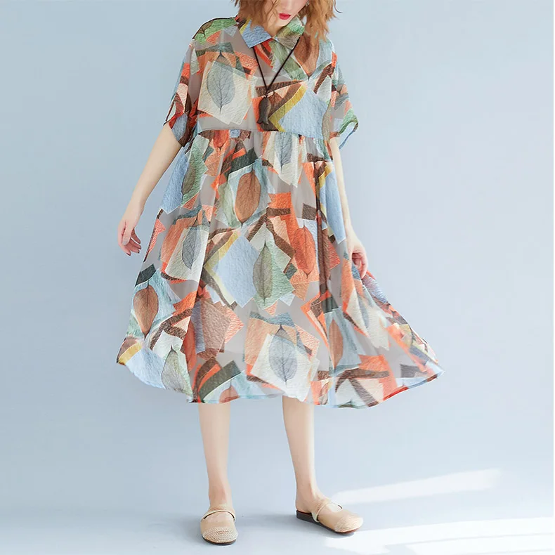 Летние Для женщин Print Draped листьев свободные шифоновое пляжное платье отложным