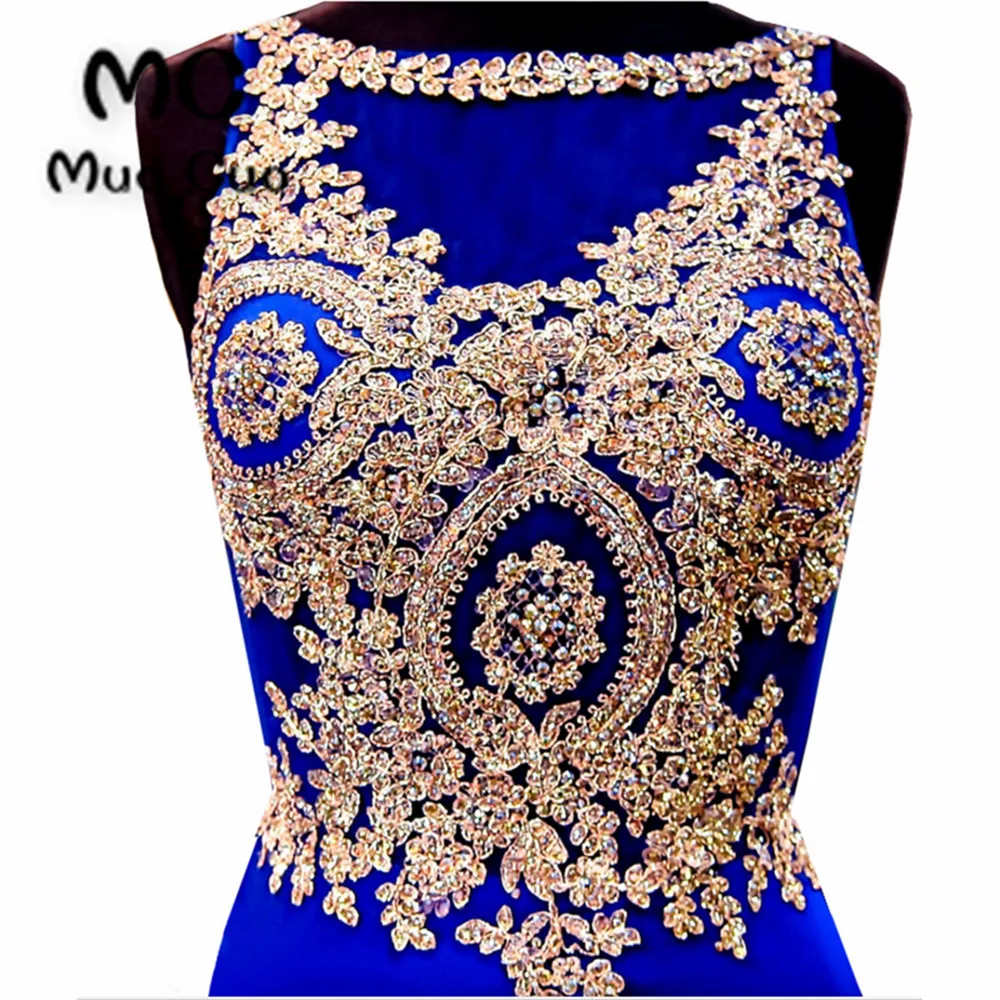 2018 Royer Blue Prom Dresses Long with Beaded Appliques Vestido Longo Backless Hard Satin Formal Evening Party Dress 100% Real | Свадьбы и